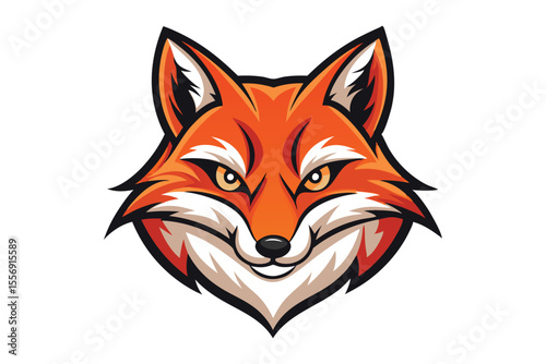 Cartoon orange fox head gazes forward with focused yellow eyes against a white background