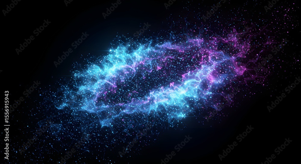 Obraz premium Abstract Cosmic Nebula Swirl of Blue and Purple Particles Glowing in the Darkness of Outer Space, Ethereal and Mystical Background with Stellar Dust and Gas Cloud Formations
