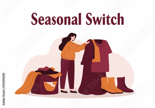 Seasonal Wardrobe Change: Woman Organizing Clothes for Fall or Winter