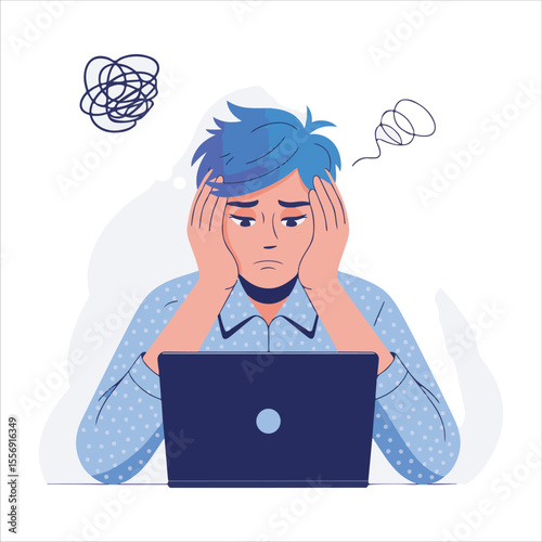 Frustrated person with blue hair holding head in hands looking at laptop