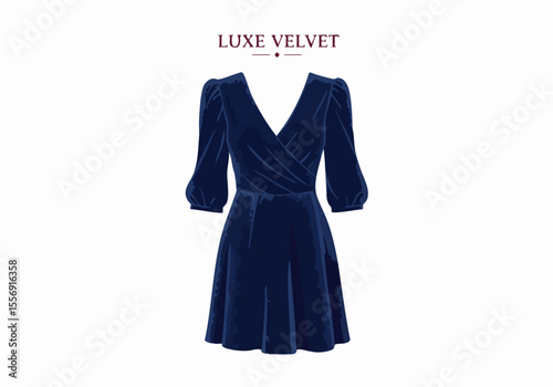 Luxury Navy Blue Velvet Dress Fashion Illustration