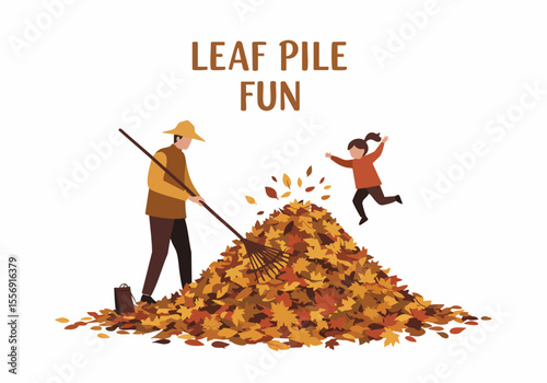 Illustration of adult raking leaves while child jumps into a large autumn leaf pile for fun.