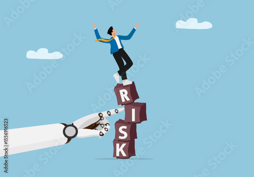 Businessman Standing on Unstable RISK Blocks Being Pushed by Robot Hand. Artificial Intelligence Threat to Business Stability Concept Illustration