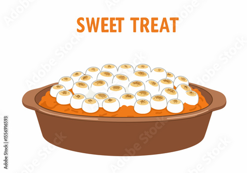 Illustrated sweet potato casserole topped with toasted marshmallows in a brown baking dish. A comforting and traditional holiday sweet treat.
