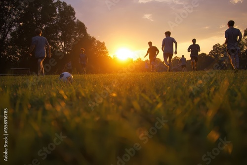 Soccer practice takes place in a grassy field at sunrise with players training under the warm glow of the early morning sun