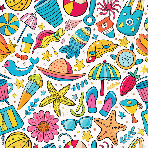 Vector cartoon seamless pattern: fun summer illustration with birds, flowers, and beach party design for kids' birthday cards and wallpaper decoration