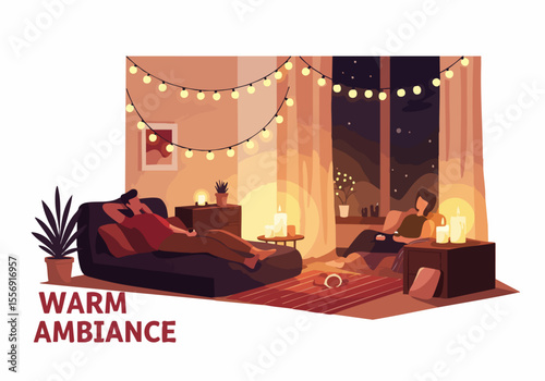 Flat illustration of two people relaxing in a cozy, warm living room lit by string lights and candles at night, creating a peaceful and comfortable ambiance.