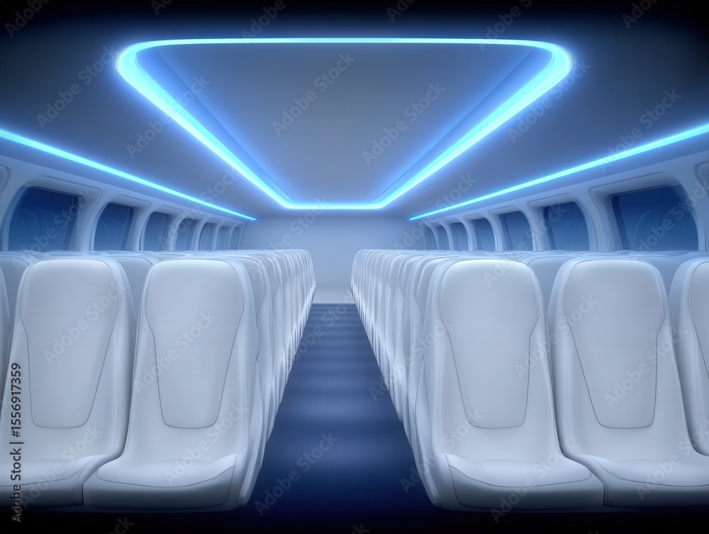 Fototapeta premium Futuristic cabin of a passenger aircraft showcasing sleek white seats illuminated by ambient blue lighting creating a modern travel experience that redefines aviation aesthetics