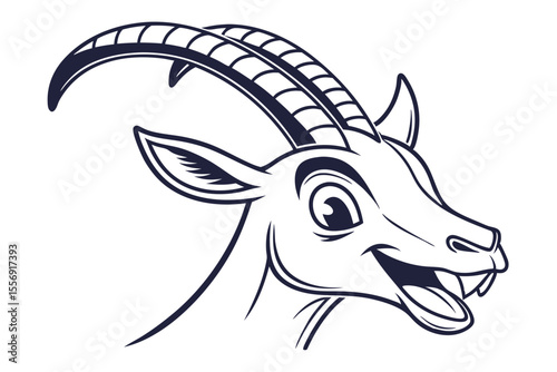 Cartoon goat head with curved horns and smiling face features in outline