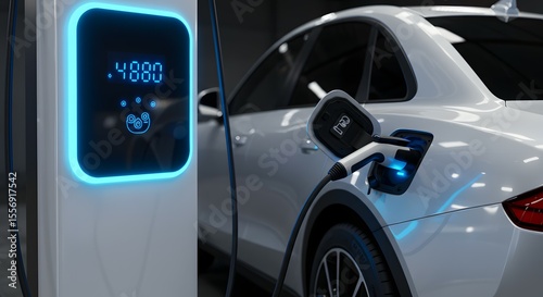 Wallpaper Mural Electric car plugged into charging station showing a glowing digital display with a futuristic blue glow and a modern vehicle side profile Torontodigital.ca