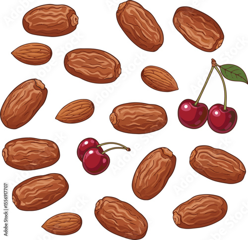 Colorful almond, dates, and cherry vector illustration, dried fruits and fresh berries, healthy organic food clipart, natural fruit set for packaging, labels, kitchen decor, diet concept design