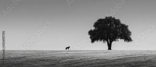 Lone Animal Walking Near Solitary Tree in Monochrome Landscape