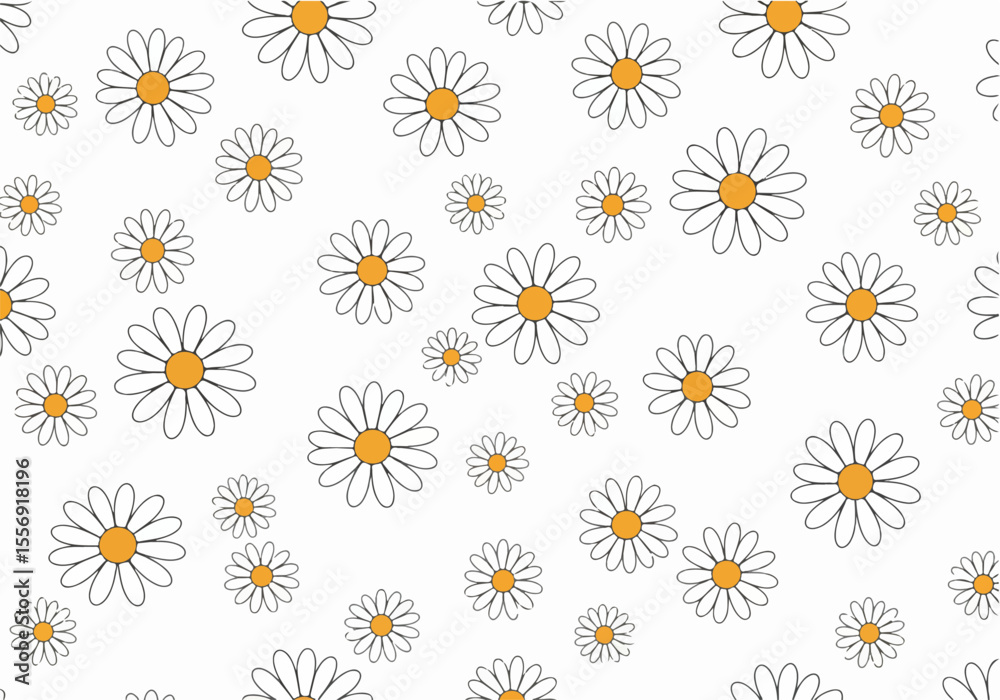 Seamless hand-drawn daisy flower pattern with white petals and orange centers on a white background, perfect for fabric, wallpaper, or textile print design. Seamless hand-drawn daisy flower pattern with white petals and orange centers on a white background, perfect for fabric, wallpaper, or textile print design.