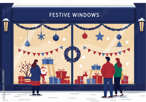 People admiring a festive Christmas store window display filled with gifts and decorations during the holiday season.