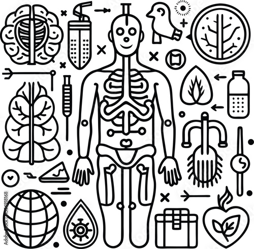 A hand-drawn cartoon vector collection of vintage science and chemistry icons and symbols for fashion design