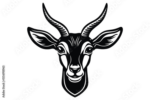 Black silhouette shows detailed gazelle head facing forward on a white background