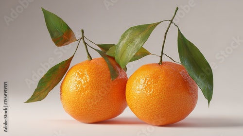 Two Fresh Tangerines with Leaves Citrus Fruits Still Life Vibrant Colors Food Photography Healthy