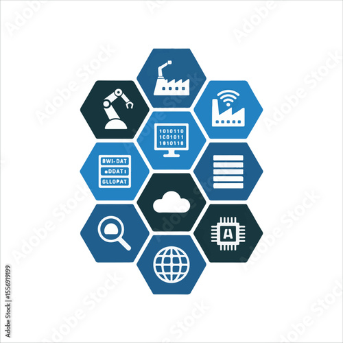Modern technology and industry icons arranged in a honeycomb structure