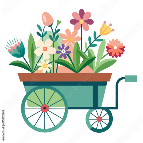 Spring garden cart illustration with colorful flowers perfect for greeting cards and seasonal designs