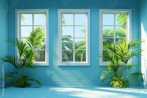 Trio of Glass Windows Framed by Lush Green Plant Pots