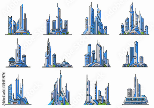 Set of twelve stylized vector illustrations featuring futuristic city buildings and abstract modern architecture elements on a white background.
