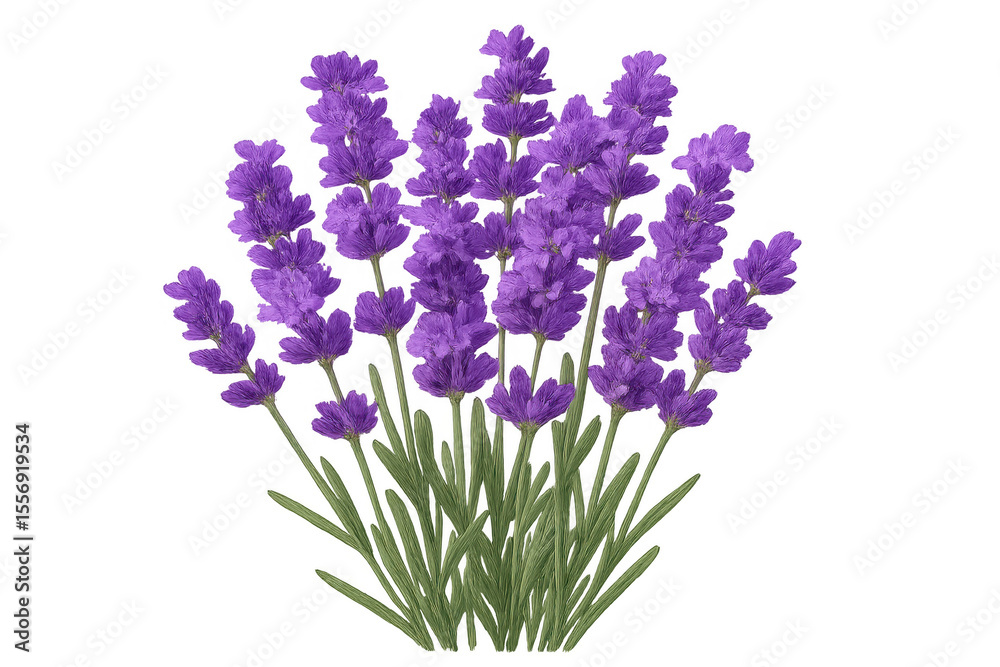 Naklejka premium Vibrant purple lavender blossoming, transparent backdrop highlighting delicate botanical beauty against clean surface