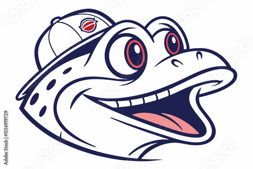 Adorable frog smiles widely with red accents and wears a baseball cap on a white background