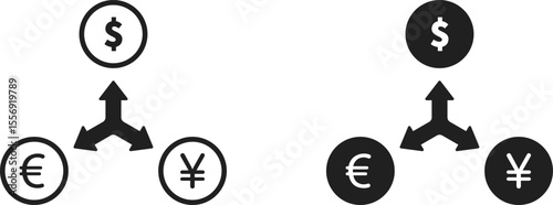 Global currency exchange with dollar, euro, yen symbols with arrows icon