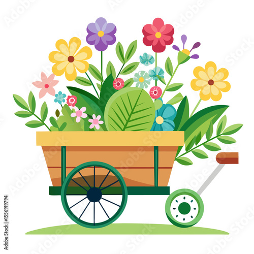 Charming spring illustration of a garden cart overflowing with colorful flowers in a whimsical style
