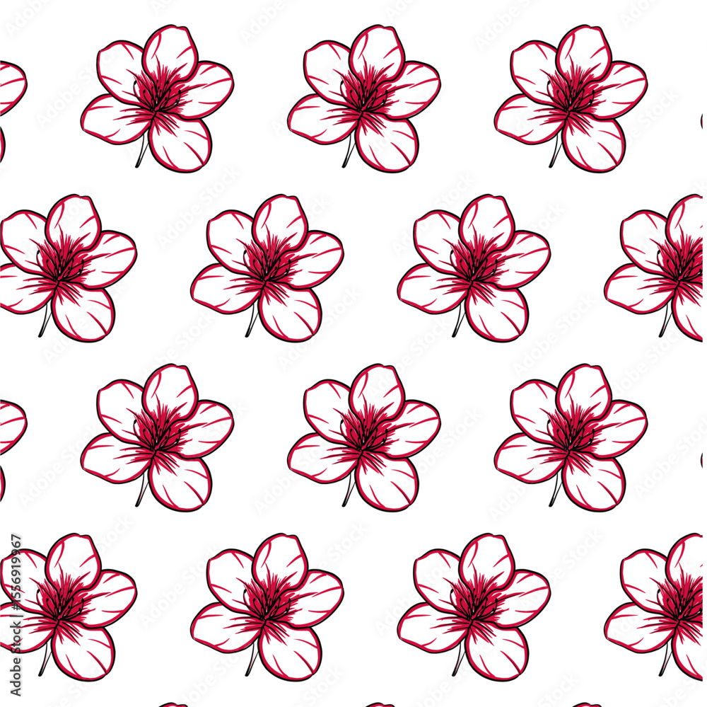 Fototapeta premium Azalea flower Seamless Pattern Hand drawn vector line art, Black and Red Flower isolated in white. Beautiful design for textile, wallpaper, wrapping paper and backgrounds