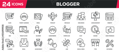 Set of collection line icons related blogger, website, writing. Editable stroke. Perfect pixel on transparent background