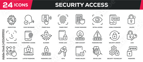 Set of collection line icons related security, access, password, lock. Editable stroke. Perfect pixel on transparent background