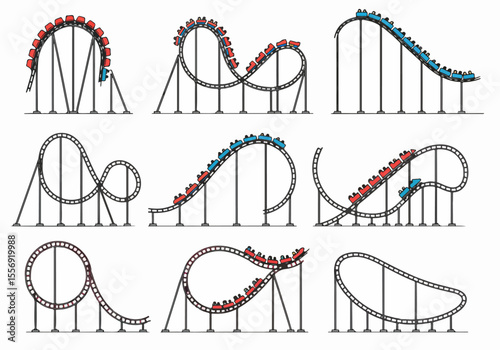 Set of simple rollercoaster track illustrations with riders in red and blue cars on a white background, ideal for graphic design elements or icons.