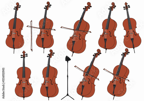 Illustrated pattern of cellos and a microphone stand on a white background