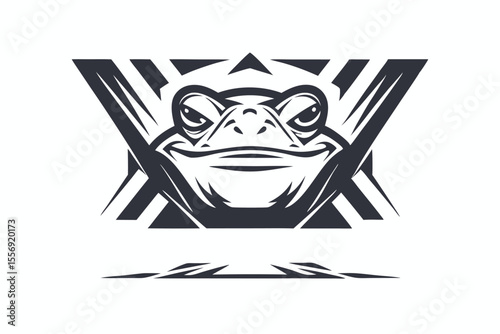 A menacing monochrome turtle face stares with bold geometric patterns behind its head