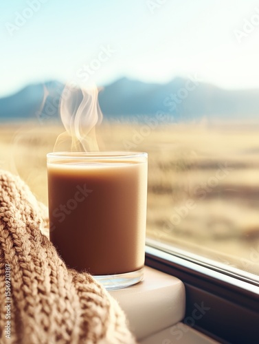 A steaming cup of coffee sits by a window with a cozy knitted blanket, overlooking a blurred mountainous landscape in soft morning light.