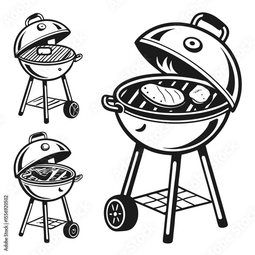 Black and white barbecue grills with food cooking meat