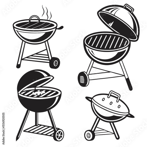 Barbecue grills with food and steam icons charcoal grill cooking