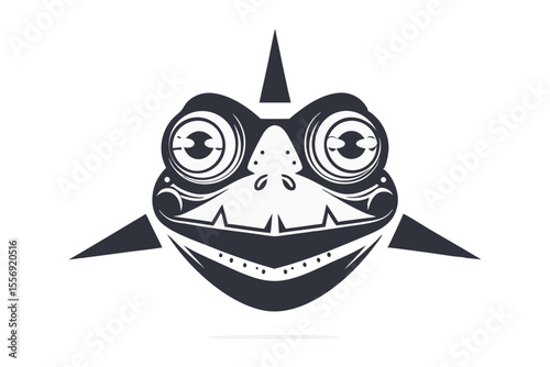 Single color, dark gray, stylized shark looks directly forward with intense and bizarre eyes