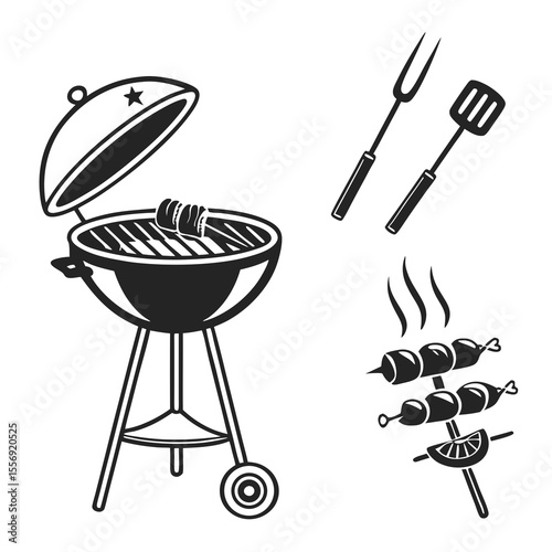 Barbecue grill with food and utensils cooking outdoor