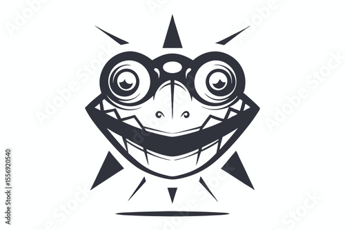 Bold face illustration showing a stylized happy frog like head emitting pointy beams