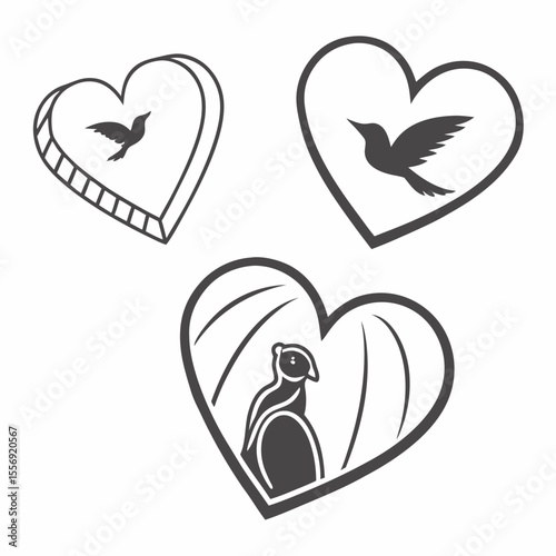 Heart shapes with birds and animal silhouette love