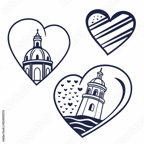 Heart shaped icons with architectural domes and waves building