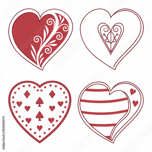 Four decorative heart icons with red outlines and patterns symbol love