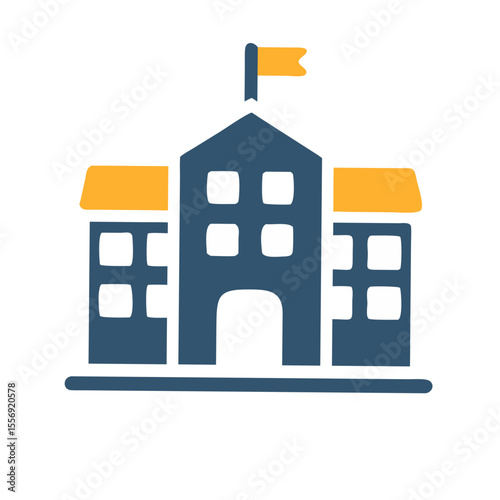 Blue school building with yellow flag and windows education institution
