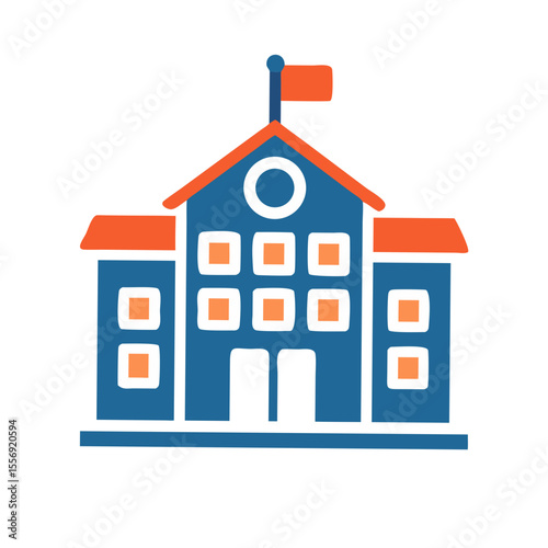 Blue school building with orange roof and flag education architecture