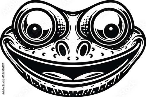 Exuberant frog face shows wide smile, highlighted in bold, contrasted monochrome, playful style