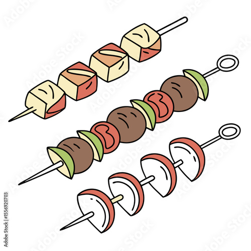 Three skewers with food items meat vegetables and fruit vector