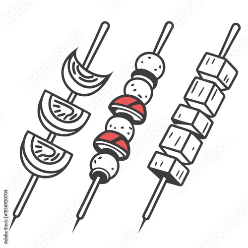 Three skewers with food items tomato mushroom