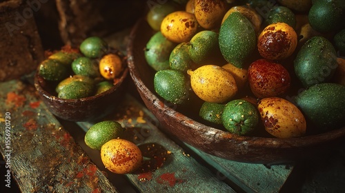 Bowls of Exotic Tropical Fruit Still Life Passion Fruit Nature s Bounty Wooden Bowls Rustic Charm